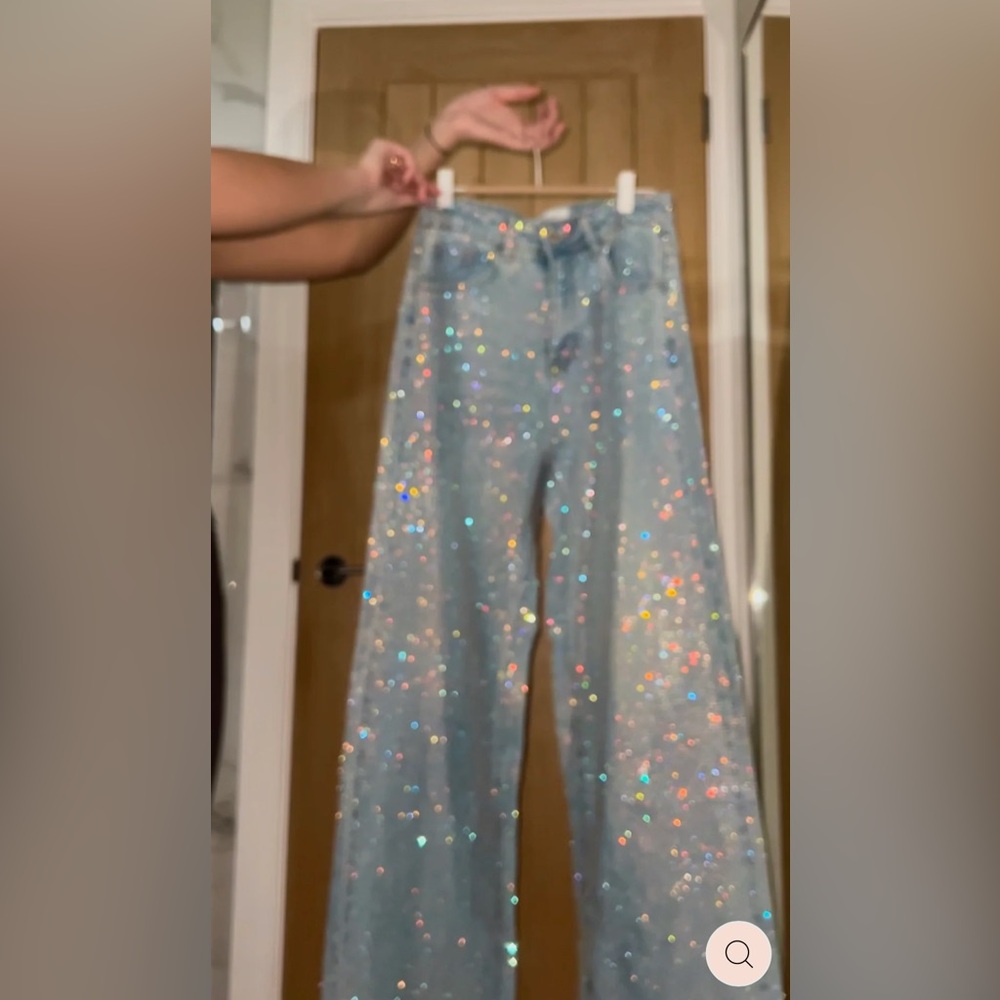 Rainbow Diamanté Blue Wide Leg Sparkle Covered Jeans